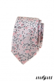 Luxusná šedá slim kravata s ružovým vzorom