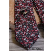 Čierna kravata s červeno-šedým vzorom - šírka 7 cm